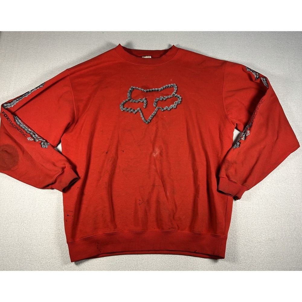 VTG Fox Racing Graphic Crewneck Sweater LARGE Grunge Dirty Chainlink Logo